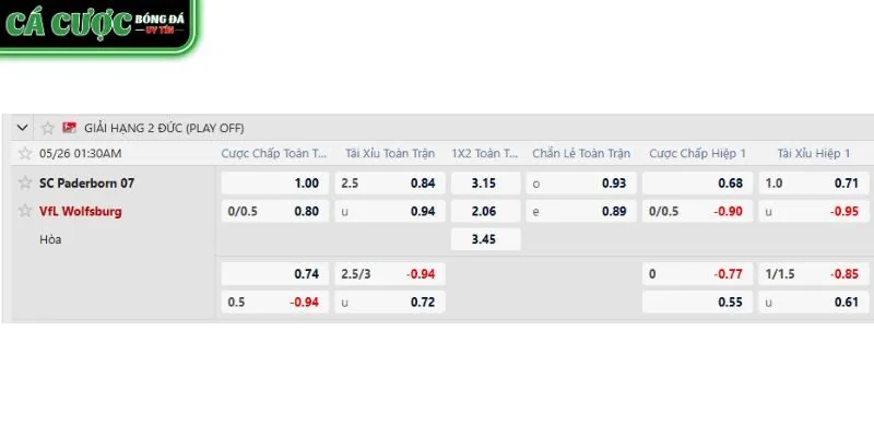 Bảng tỷ lệ kèo trận Paderborn vs Wolfsburg mới nhất